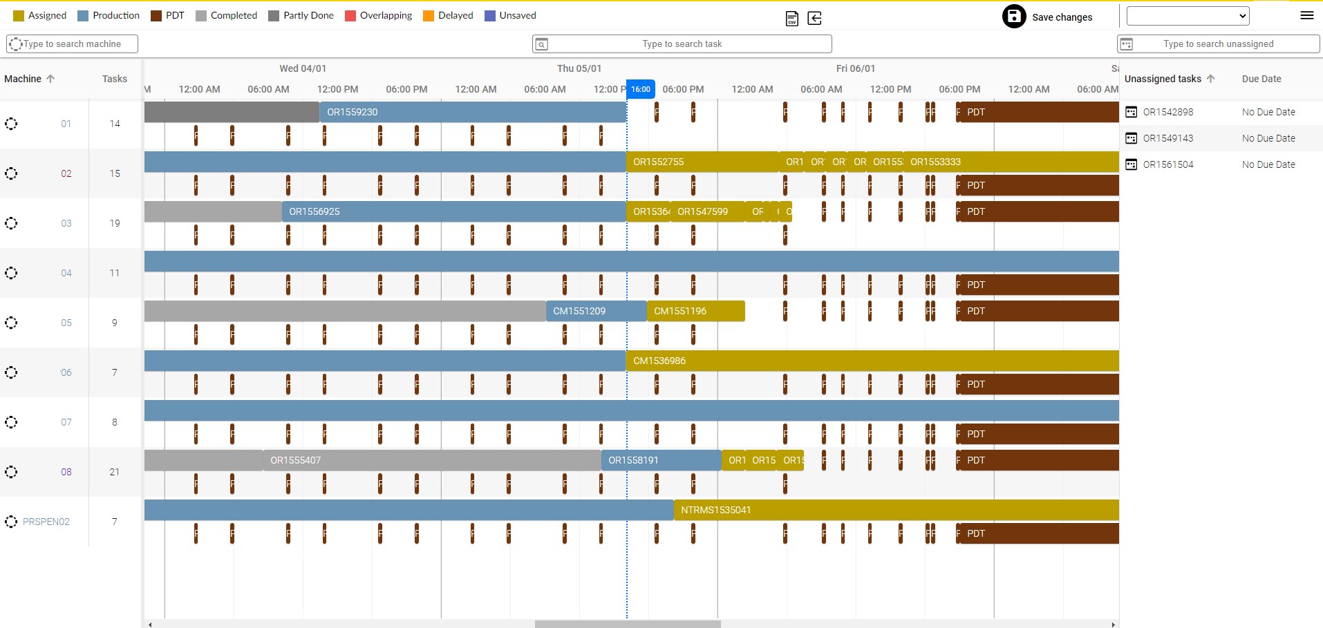 Visual Factories scheduling board: machine timeline with assigned orders, unassigned tasks and due dates